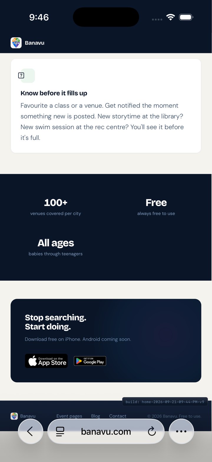 banavu.com on an iPhone: the download card reads "Download free on iPhone. Android coming soon." directly above the App Store and Google Play badges
