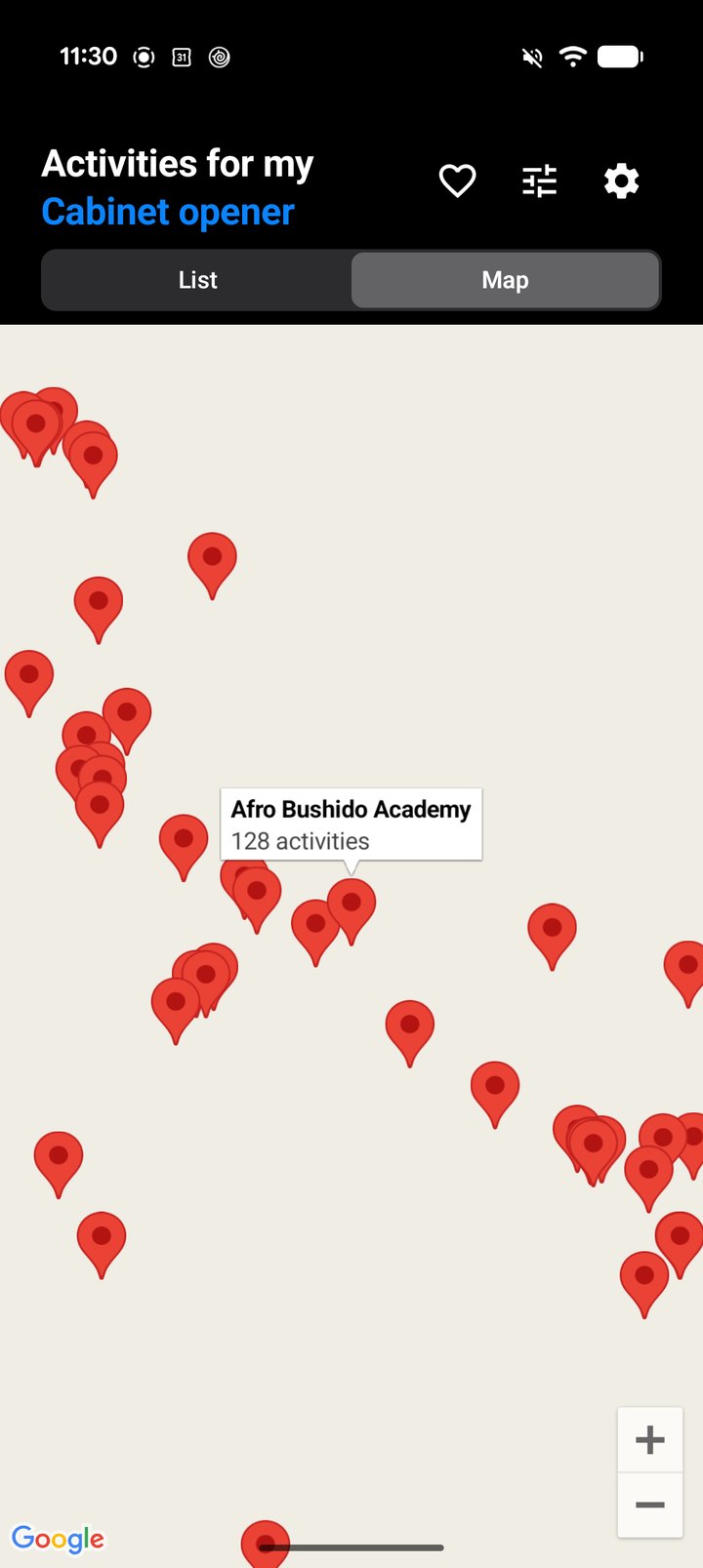 The Map tab with red pins on an empty background and no map tiles; one pin is labelled Afro Bushido Academy, 128 activities