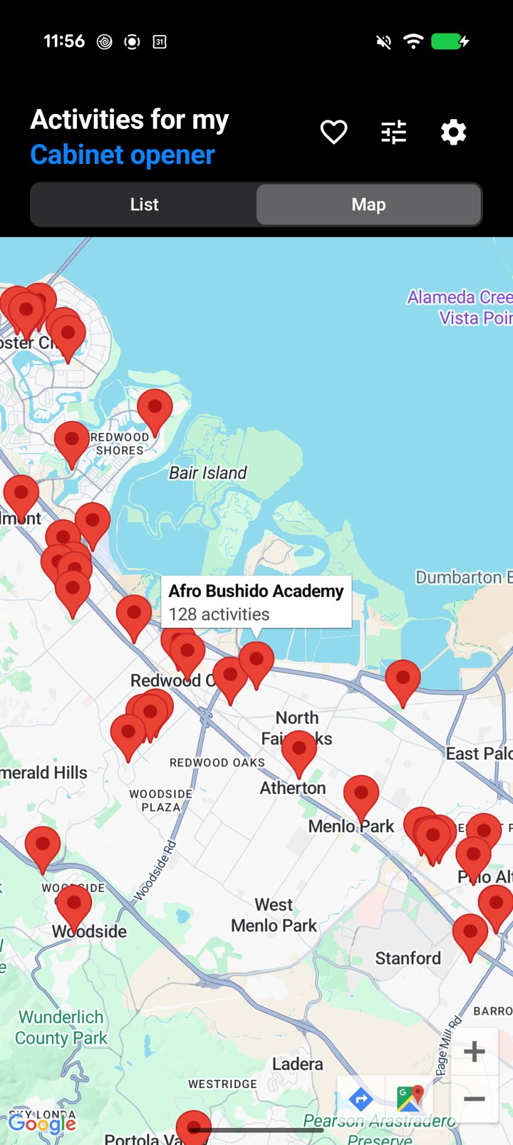 The Map tab after the fix: map tiles of the Bay Area with the activity pins on top; one pin is labelled Afro Bushido Academy, 128 activities