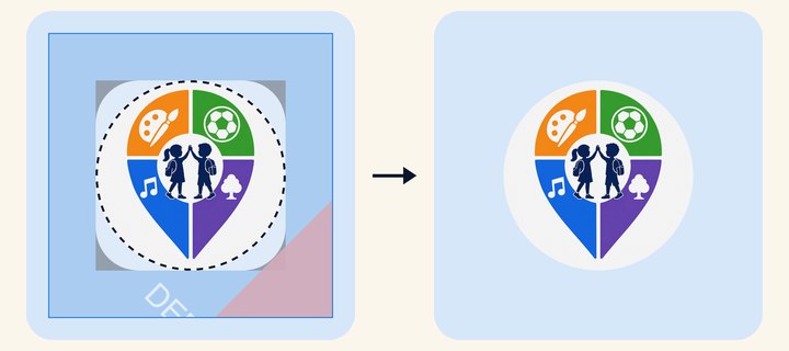 Before the fix. Left: the full 432 by 432 pixel icon layer on its blue background, with the red DEBUG ribbon in the bottom-right corner, outside the dashed circle the launcher keeps. Right: the round icon the Pixel launcher draws, with no ribbon.